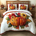 Pumpkin Bliss quilted 3-piece bedding set on a made bed with two matching pillow shams