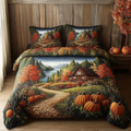 Pumpkin Cabin quilted 3-piece bedding set on a made bed with two matching pillow shams