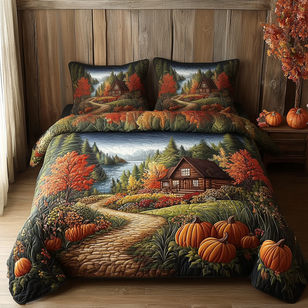 Pumpkin Cabin quilted 3-piece bedding set on a made bed with two matching pillow shams