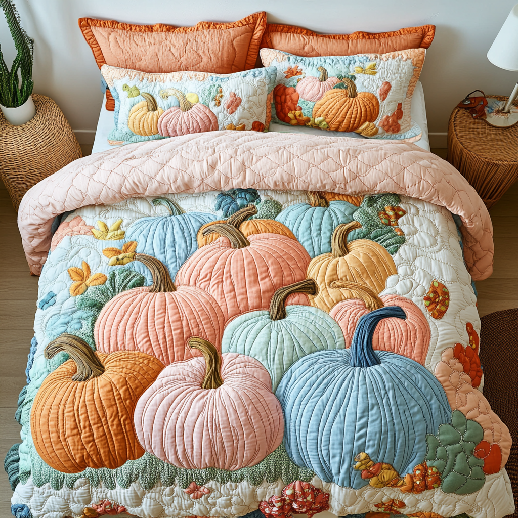 Pumpkin Dreams Autumn quilted 3-piece bedding set on a made bed with two matching pillow shams