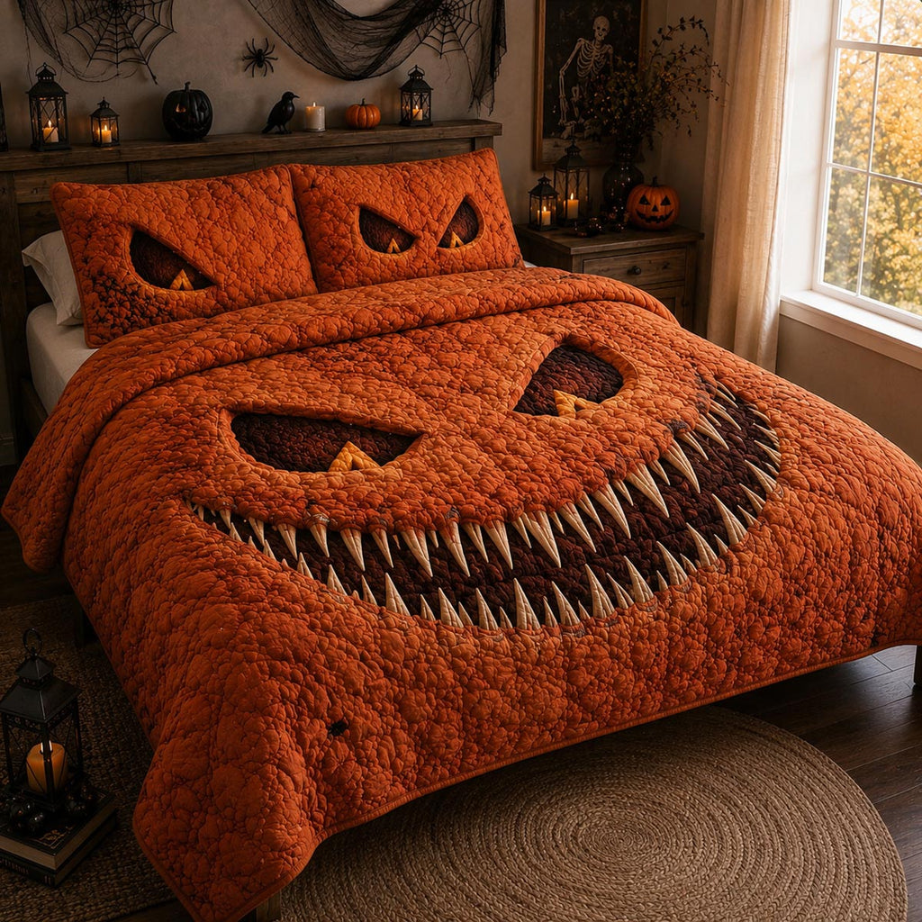 Pumpkin Grin quilted 3-piece bedding set on a made bed with two matching pillow shams