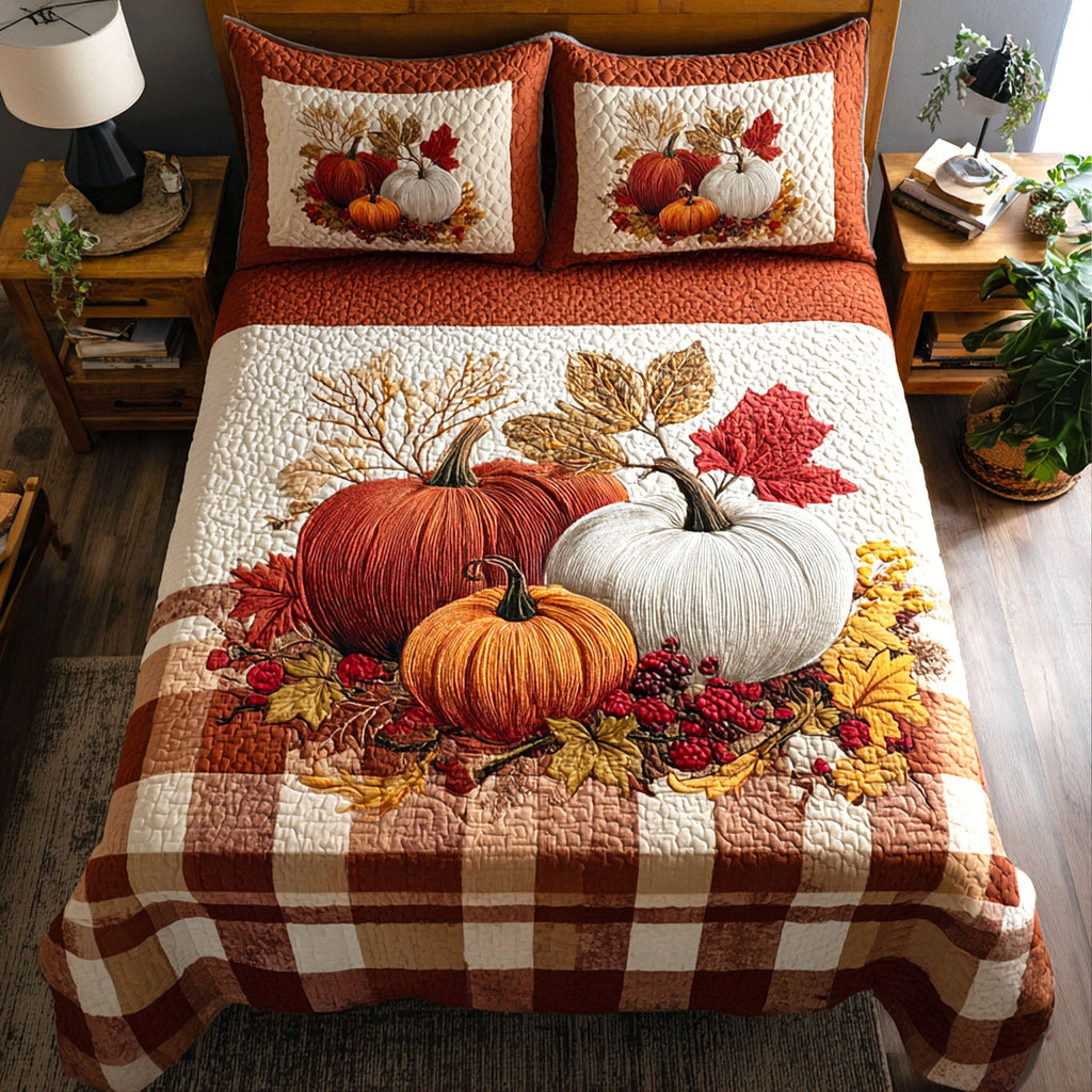Pumpkin Plaid quilted 3-piece bedding set on a made bed with two matching pillow shams