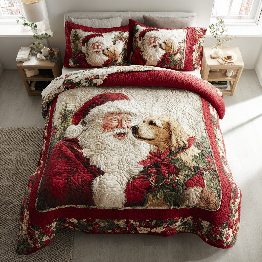 Puppy Santa Claus quilted 3-piece bedding set on a made bed with two matching pillow shams