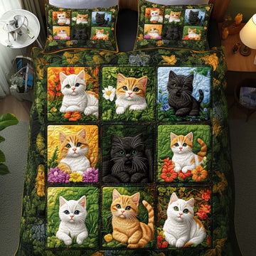 Purring Cat Bliss 3-Piece Quilted Bedding Set
