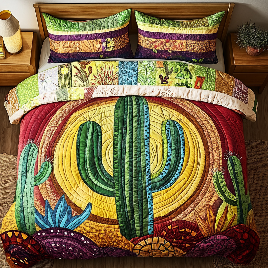 Radiant Cactus Glow quilted 3-piece bedding set on a made bed with two matching pillow shams