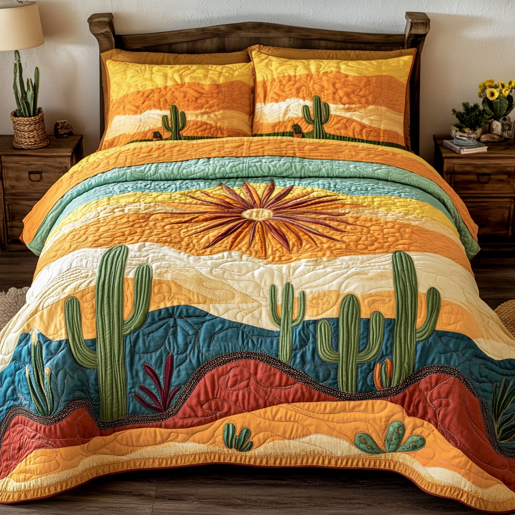 Radiant Dawn Cacti quilted 3-piece bedding set on a made bed with two matching pillow shams
