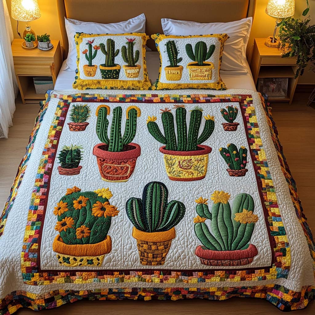 Radiant Succulents Cactus quilted 3-piece bedding set on a made bed with two matching pillow shams