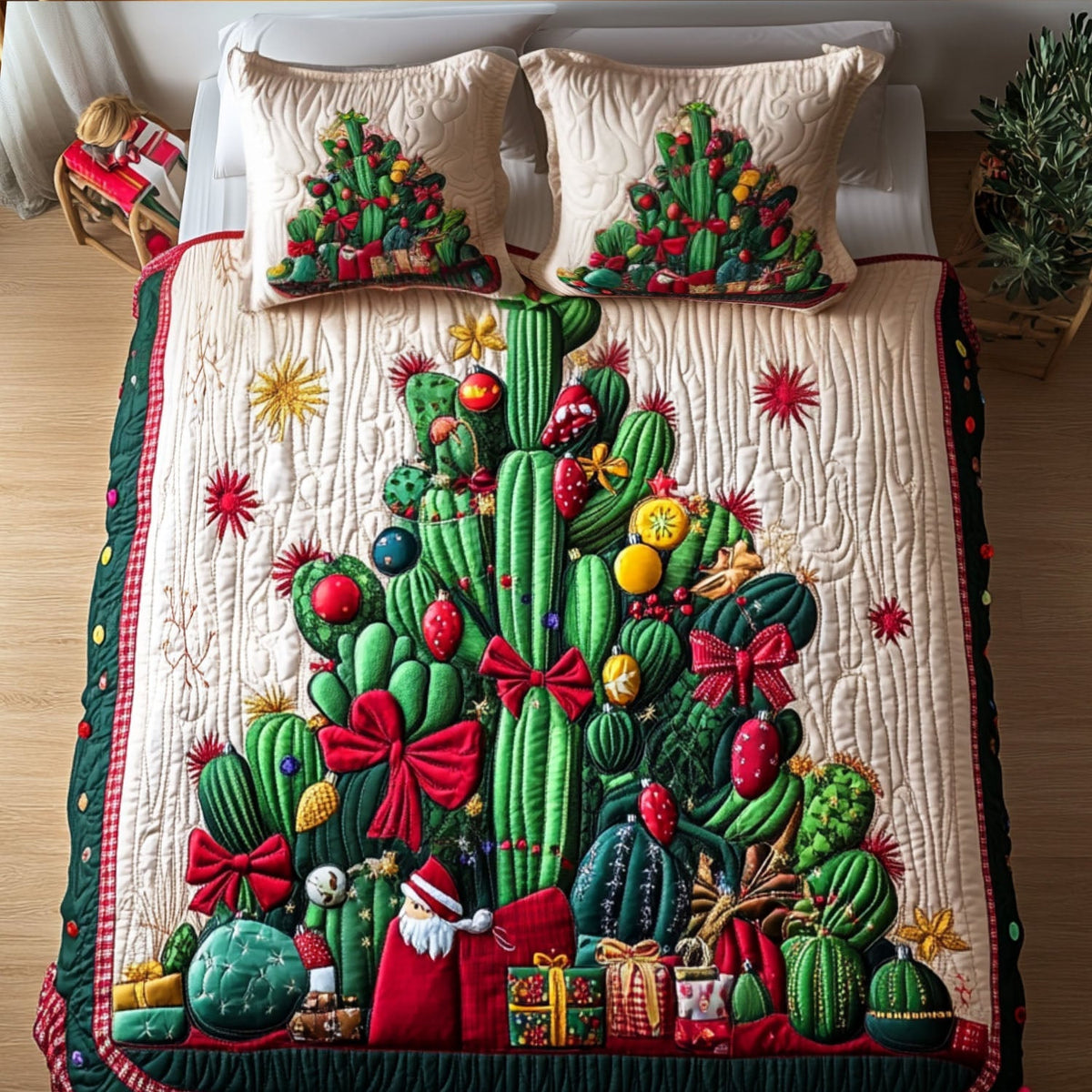 Radiant Succulents Christmas quilted 3-piece bedding set on a made bed with two matching pillow shams