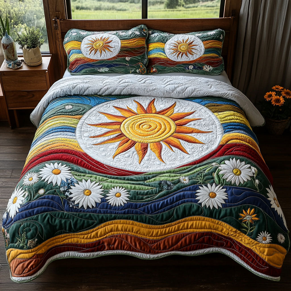 Rainbow Bloom Gypsy Boho quilted 3-piece bedding set on a made bed with two matching pillow shams