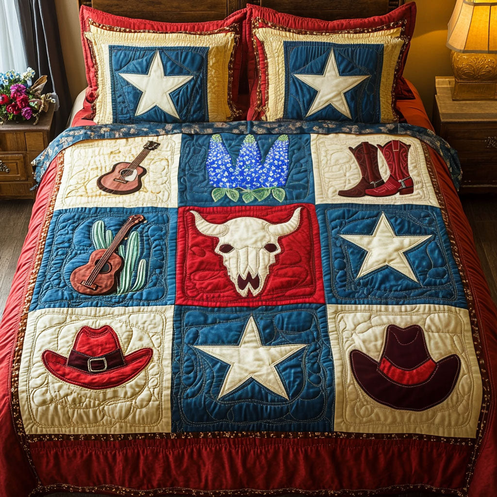 Ranch Rhythm quilted 3-piece bedding set on a made bed with two matching pillow shams