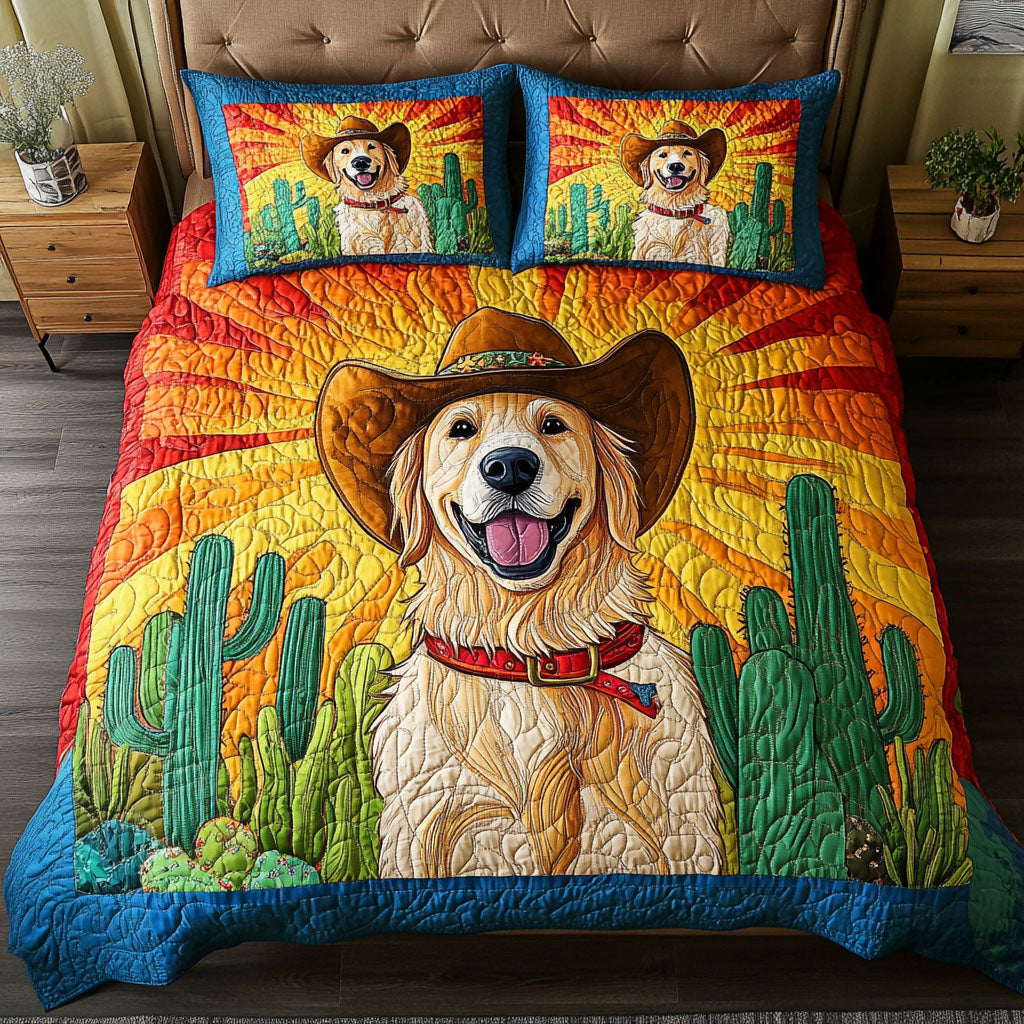 Ranch Rover quilted 3-piece bedding set on a made bed with two matching pillow shams