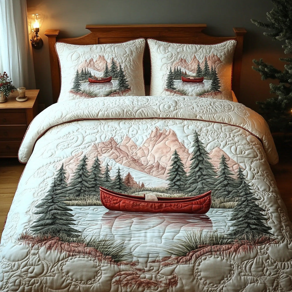 Rapids Whisper quilted 3-piece bedding set on a made bed with two matching pillow shams