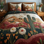 Red Cactus Garden quilted 3-piece bedding set on a made bed with two matching pillow shams