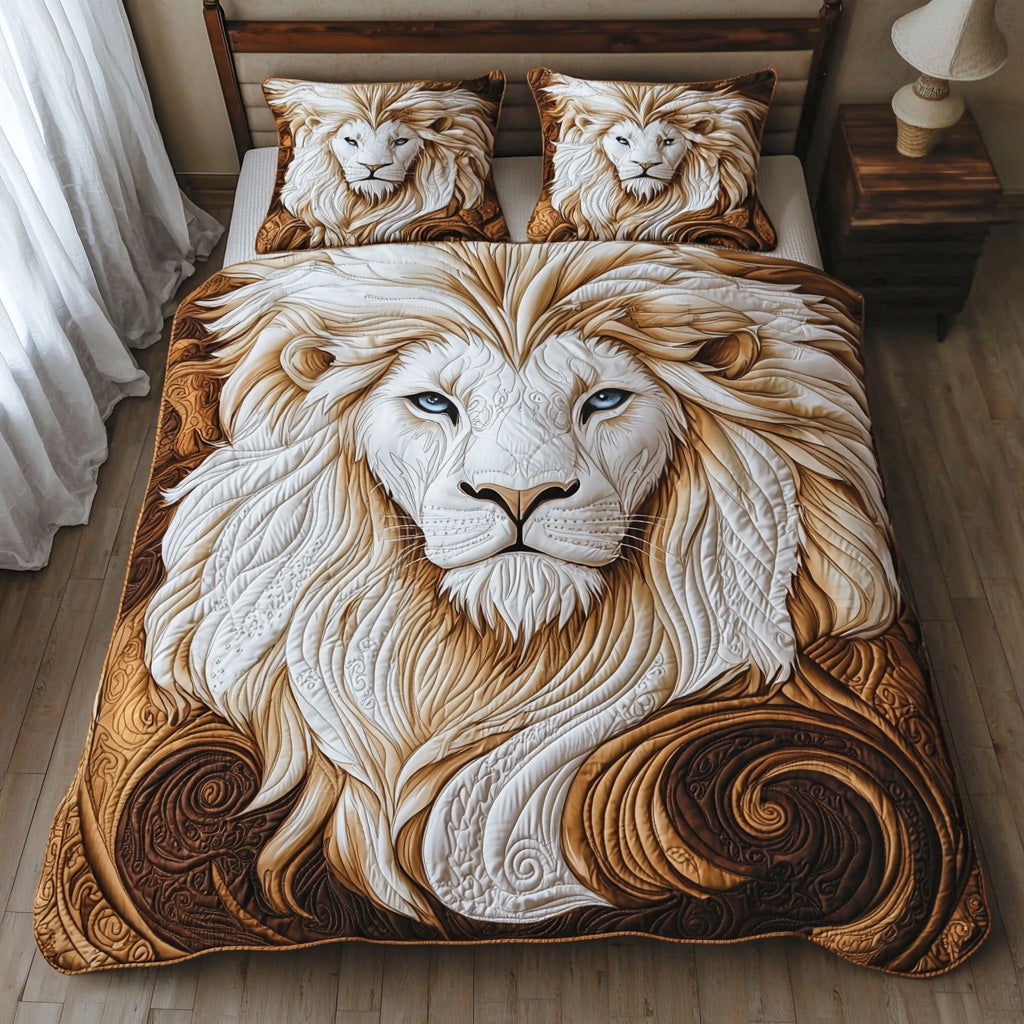 Regal Lion Animal quilted 3-piece bedding set on a made bed with two matching pillow shams