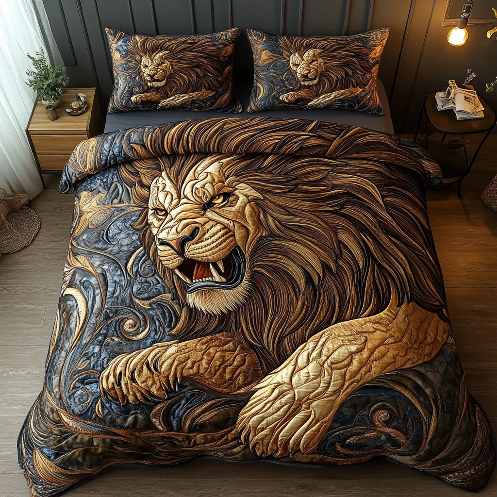 Regal Lion Animals quilted 3-piece bedding set on a made bed with two matching pillow shams