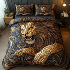 Regal Lion Animals quilted 3-piece bedding set on a made bed with two matching pillow shams