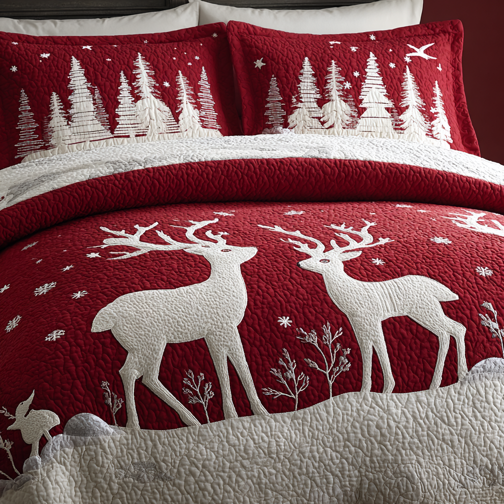 Reindeer Dream quilted 3-piece bedding set on a made bed with two matching pillow shams