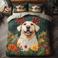 Reindeer Labrador Happy quilted 3-piece bedding set on a made bed with two matching pillow shams