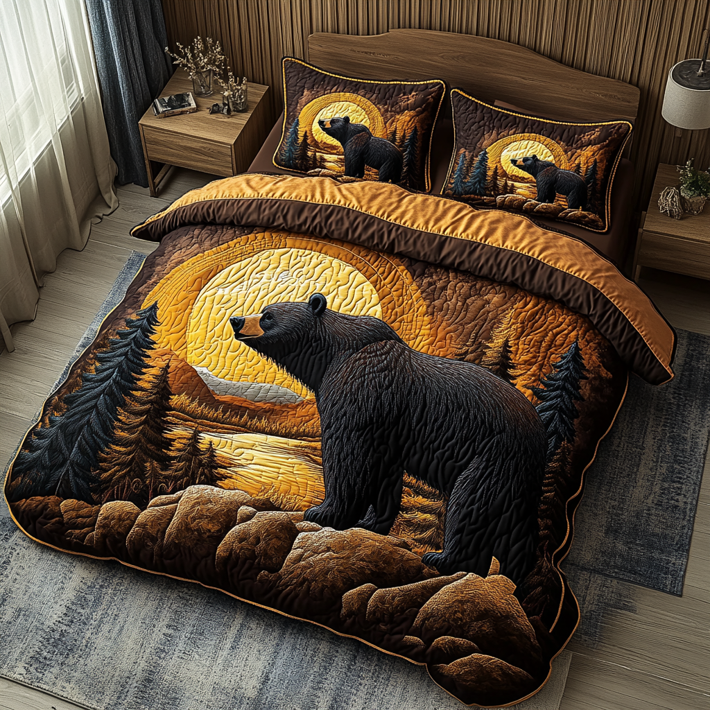 River Bear quilted 3-piece bedding set on a made bed with two matching pillow shams