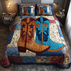 Rodeo Boots quilted 3-piece bedding set on a made bed with two matching pillow shams