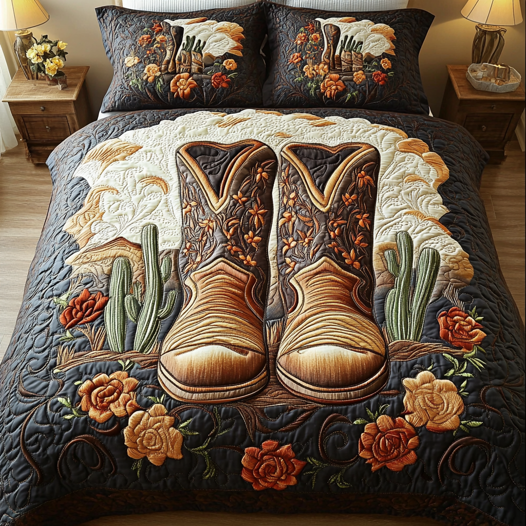 Rodeo Retreat quilted 3-piece bedding set on a made bed with two matching pillow shams