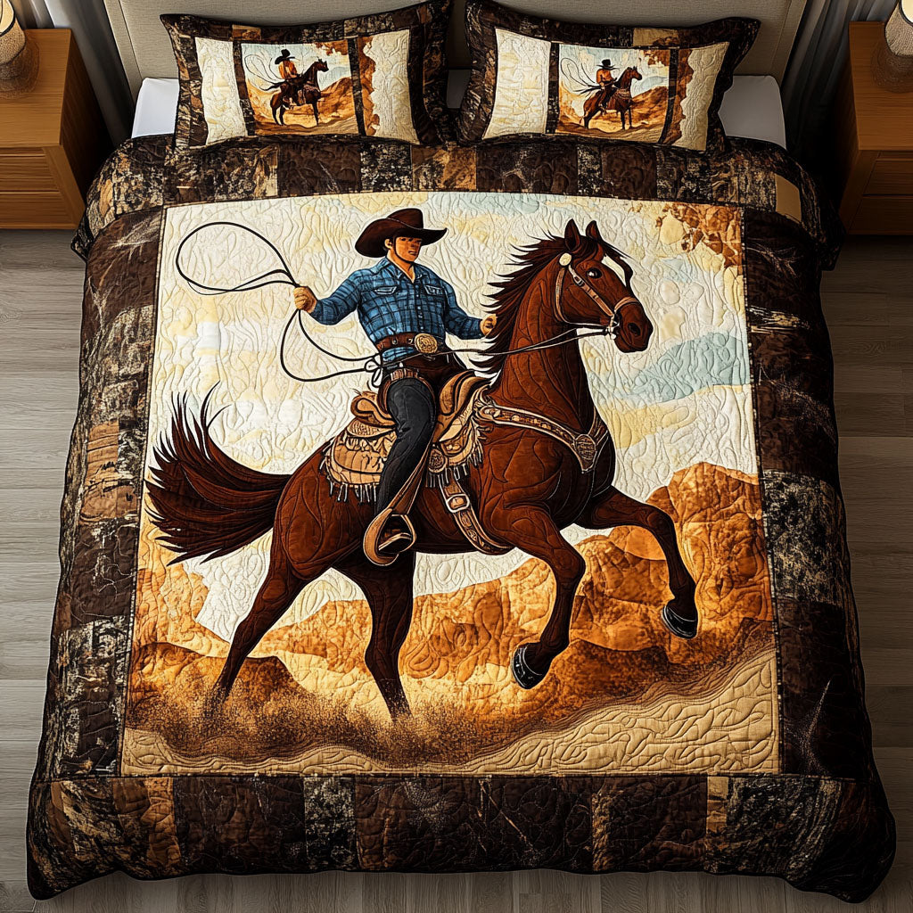 Rodeo Spirit quilted 3-piece bedding set on a made bed with two matching pillow shams