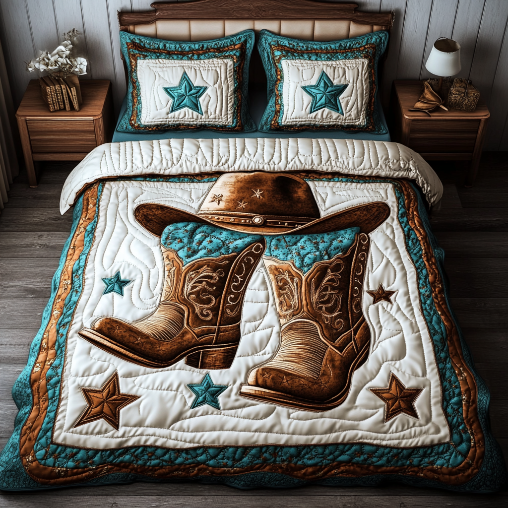 Rodeo Spirit Bedspread quilted 3-piece bedding set on a made bed with two matching pillow shams
