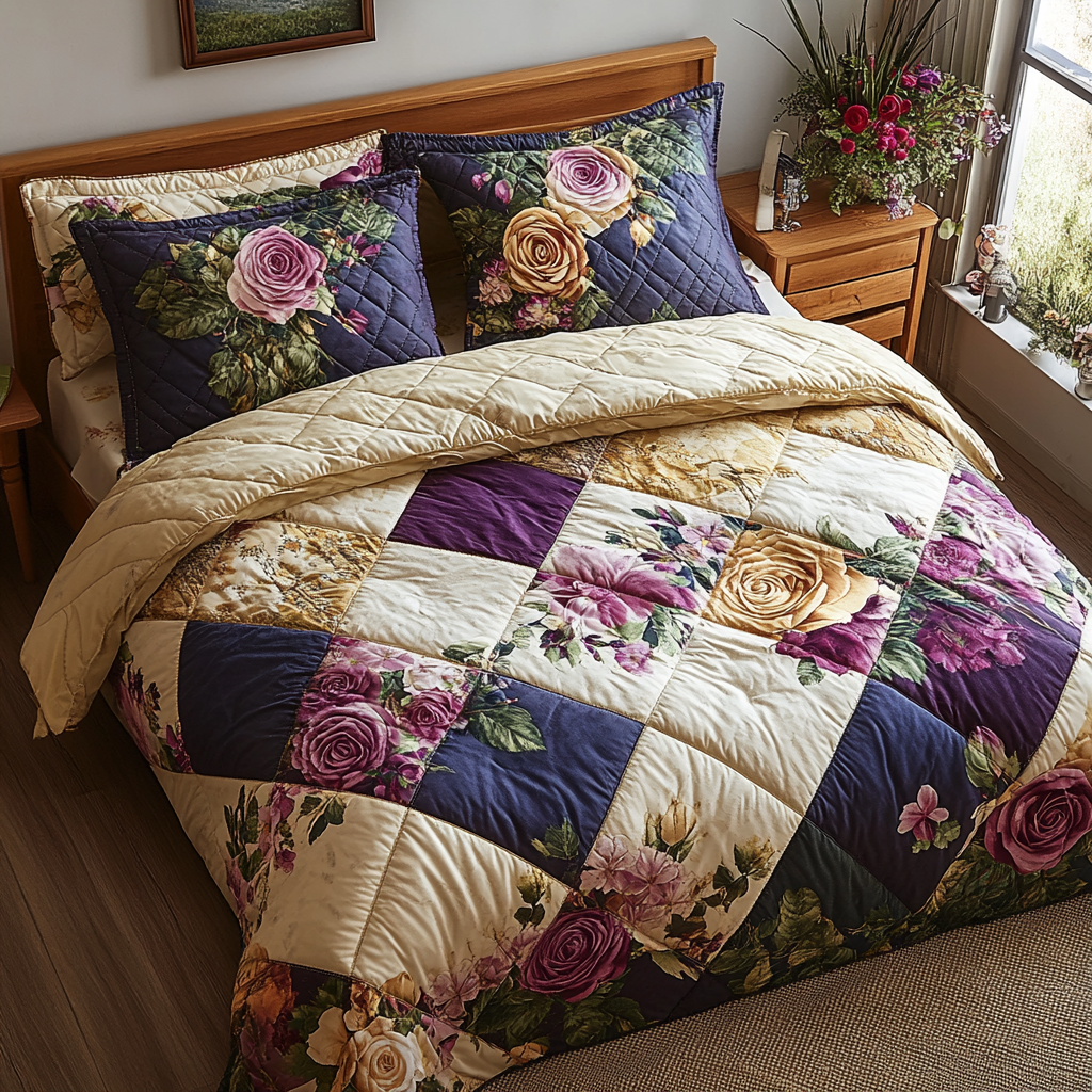 Rose Garden Patchwork quilted 3-piece bedding set on a made bed with two matching pillow shams