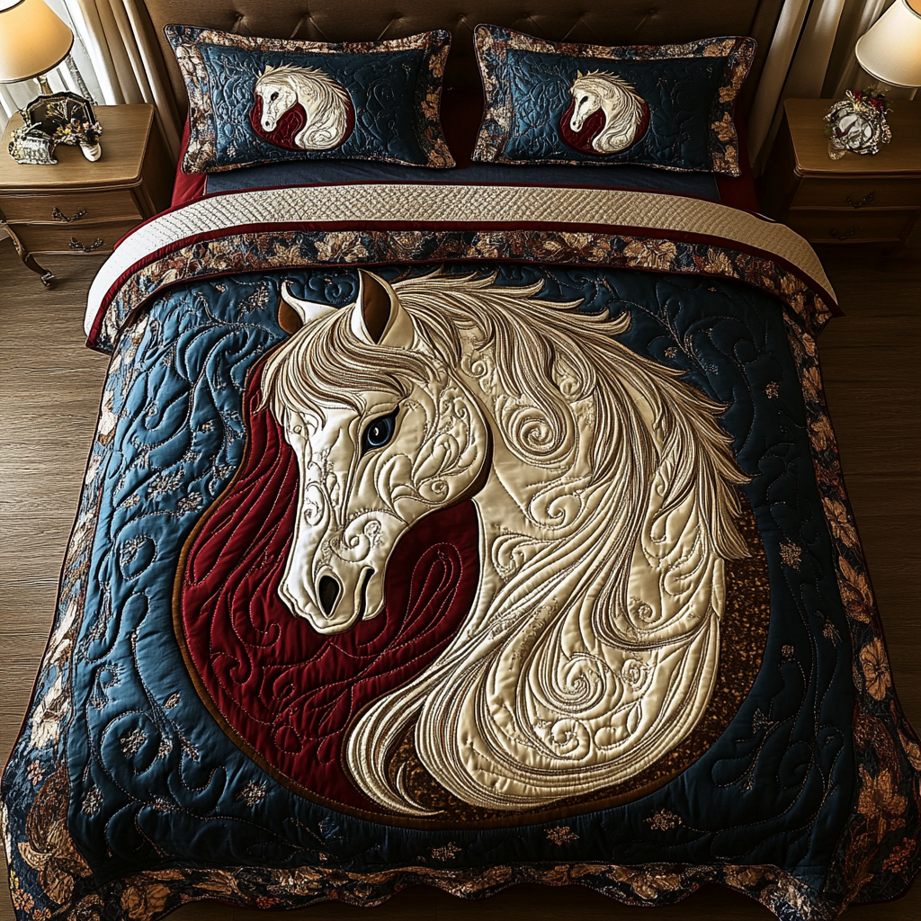Royal Horse Animal quilted 3-piece bedding set on a made bed with two matching pillow shams
