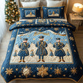 Royal Nutcracker Holiday quilted 3-piece bedding set on a made bed with two matching pillow shams
