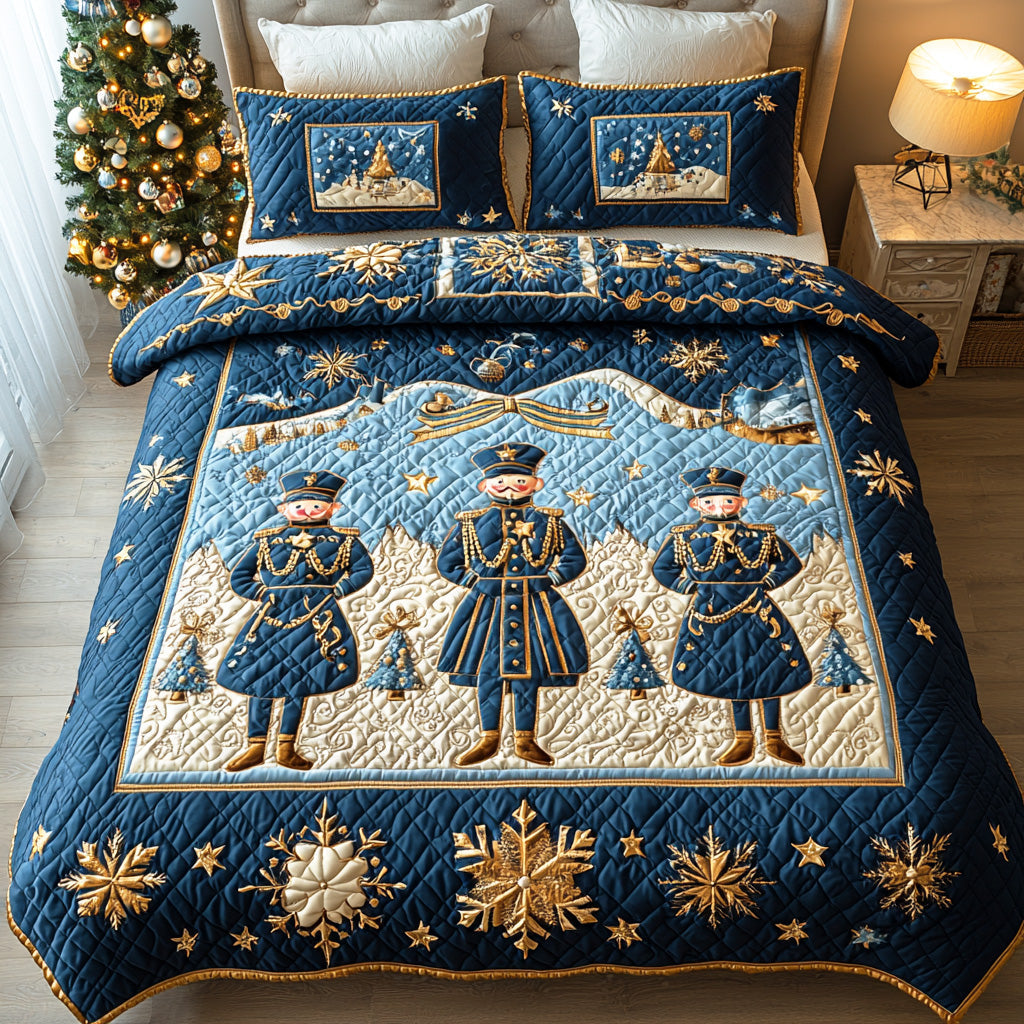 Royal Nutcracker Holiday quilted 3-piece bedding set on a made bed with two matching pillow shams