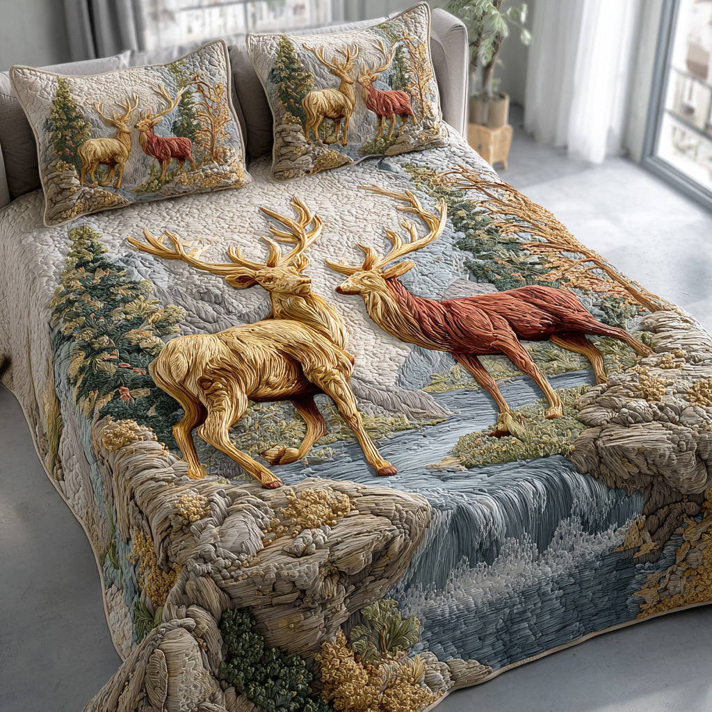 Rustic Antlers Animal quilted 3-piece bedding set on a made bed with two matching pillow shams
