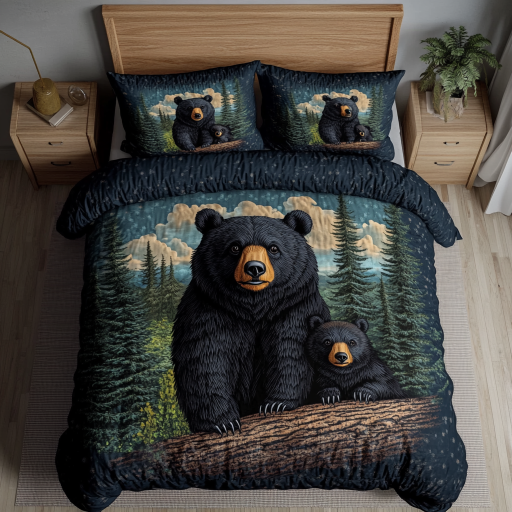 Rustic Bear quilted 3-piece bedding set on a made bed with two matching pillow shams