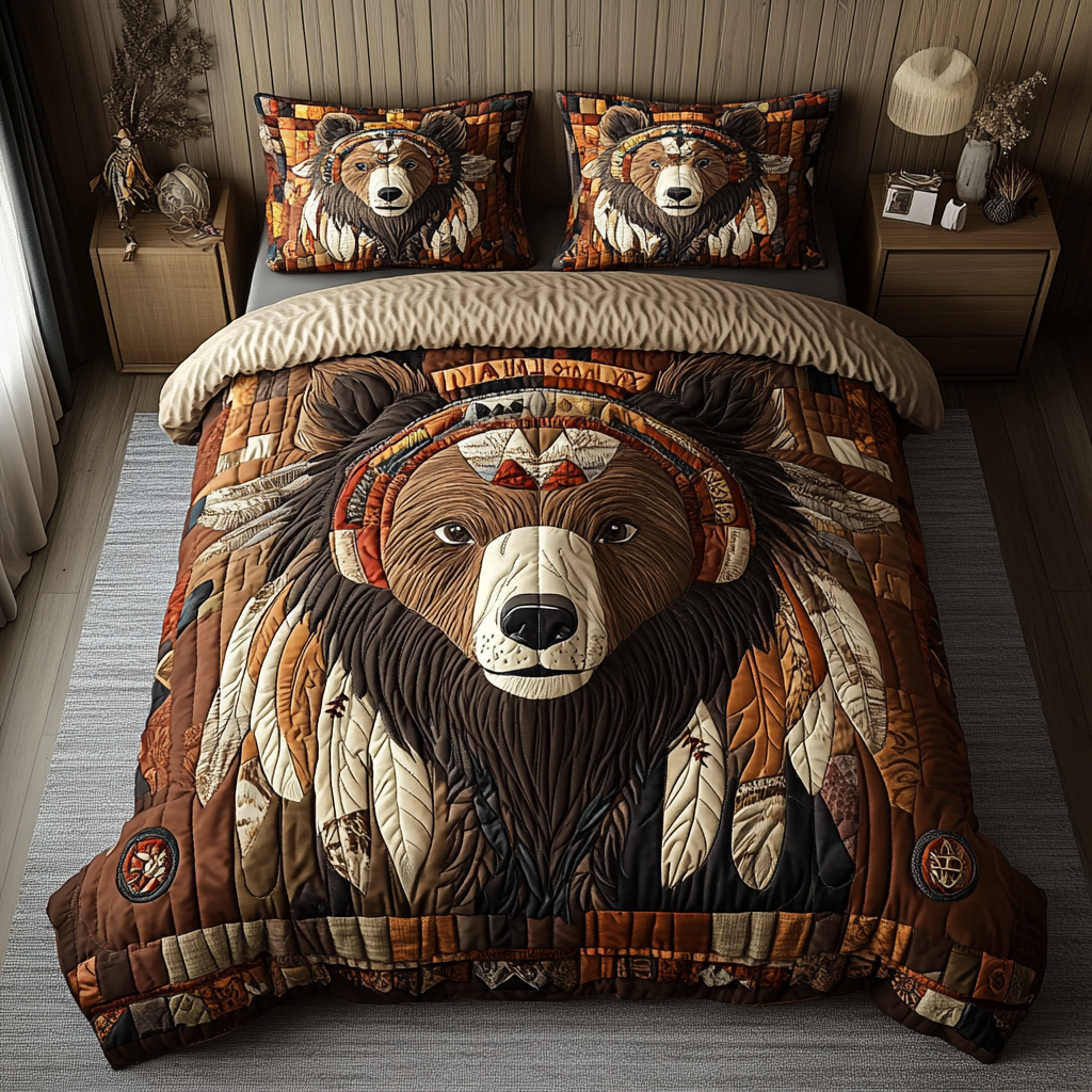 Rustic Bear Bison quilted 3-piece bedding set on a made bed with two matching pillow shams
