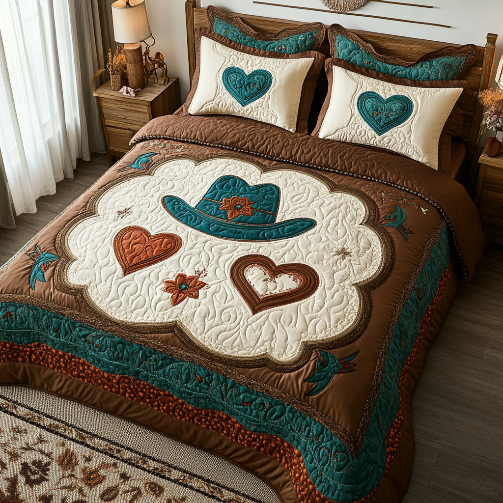Rustic Charm Bedspread quilted 3-piece bedding set on a made bed with two matching pillow shams