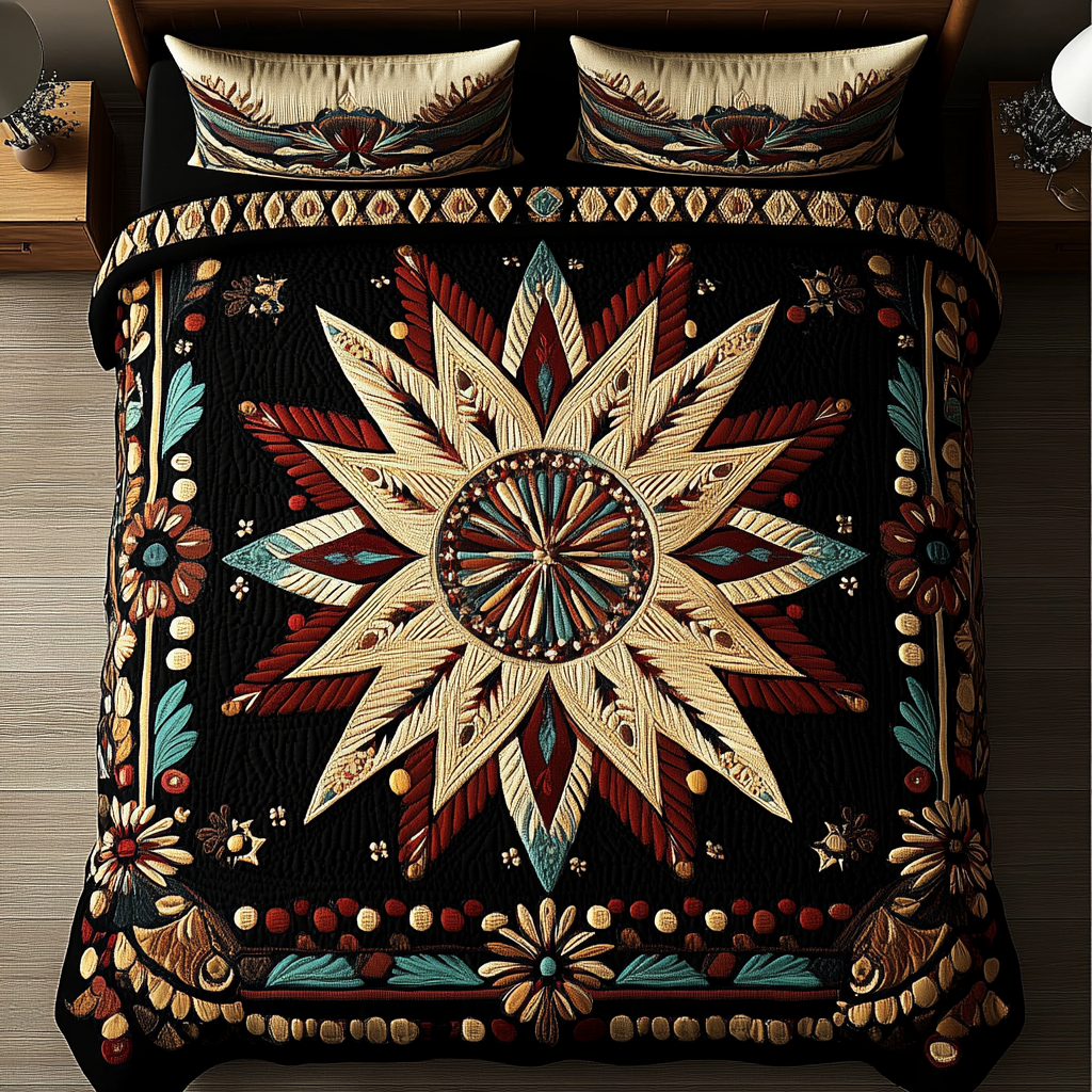 Rustic Charm Southwest quilted 3-piece bedding set on a made bed with two matching pillow shams