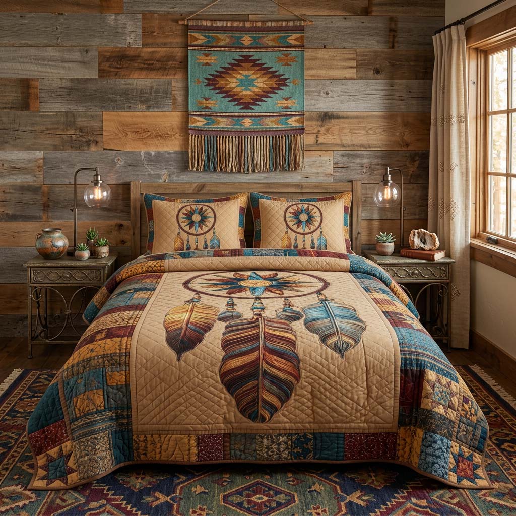 Rustic Compass Feather quilted 3-piece bedding set on a made bed with two matching pillow shams