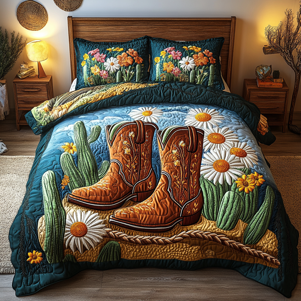 Rustic Cowboy Retreat quilted 3-piece bedding set on a made bed with two matching pillow shams