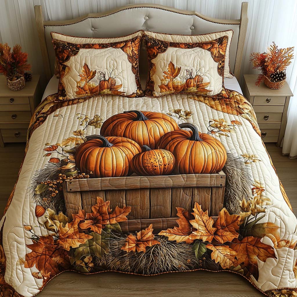 Rustic Fall Nest quilted 3-piece bedding set on a made bed with two matching pillow shams