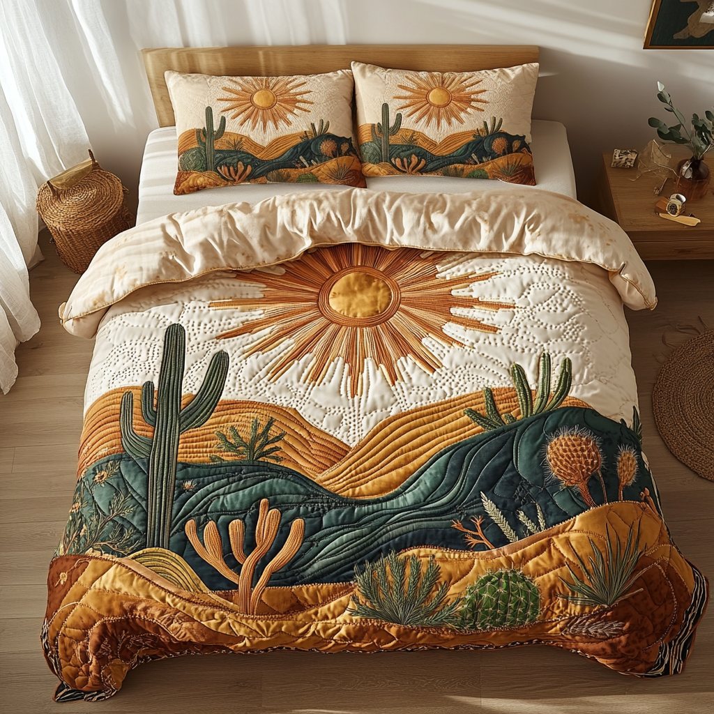 Rustic Glow quilted 3-piece bedding set on a made bed with two matching pillow shams