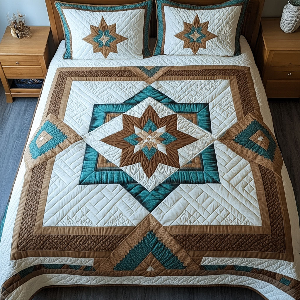 Rustic Glow Cowboy quilted 3-piece bedding set on a made bed with two matching pillow shams