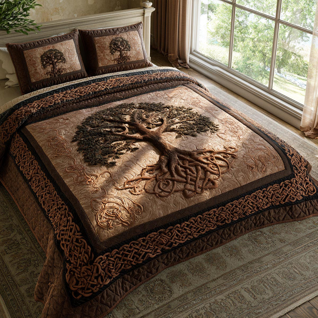 Rustic Heritage Tree quilted 3-piece bedding set on a made bed with two matching pillow shams