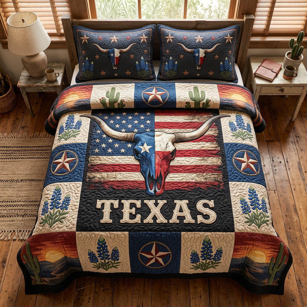 Rustic Longhorn quilted 3-piece bedding set on a made bed with two matching pillow shams