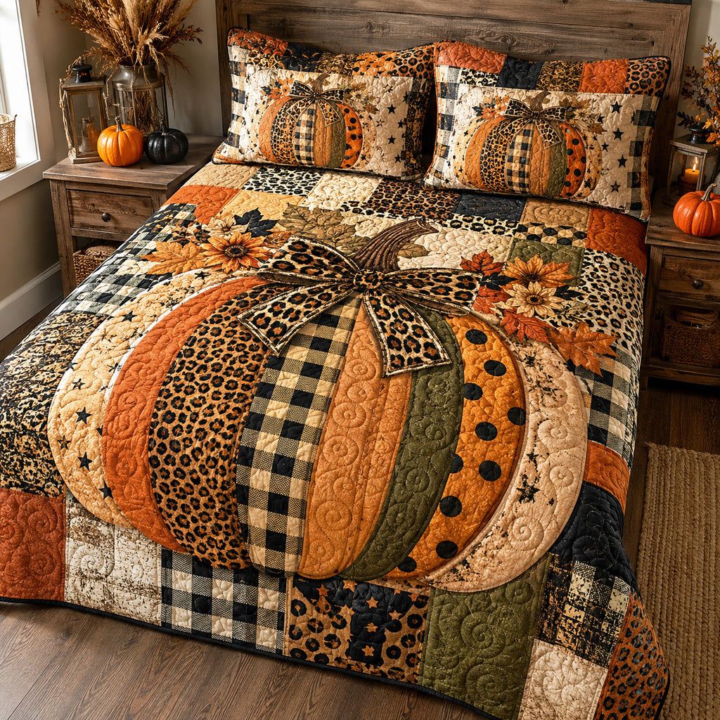 Rustic Patchwork quilted 3-piece bedding set on a made bed with two matching pillow shams