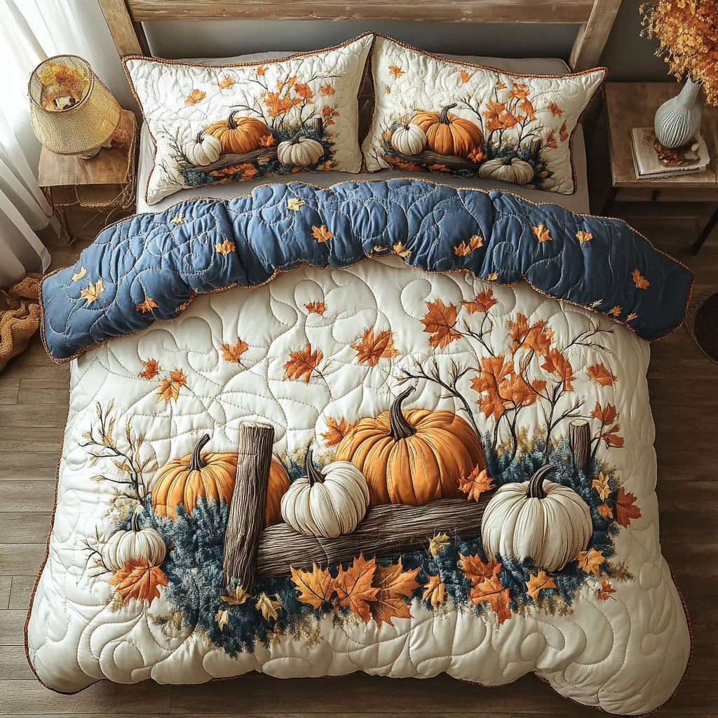 Rustic Pumpkin Autumn quilted 3-piece bedding set on a made bed with two matching pillow shams