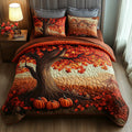 Rustic Pumpkin Fall quilted 3-piece bedding set on a made bed with two matching pillow shams