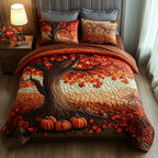 Rustic Pumpkin Fall quilted 3-piece bedding set on a made bed with two matching pillow shams