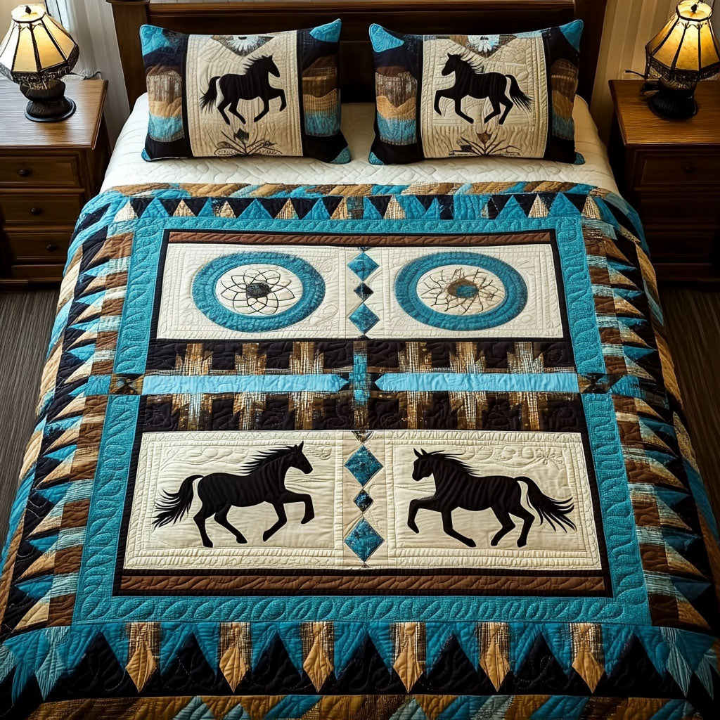 Rustic Range Horse quilted 3-piece bedding set on a made bed with two matching pillow shams