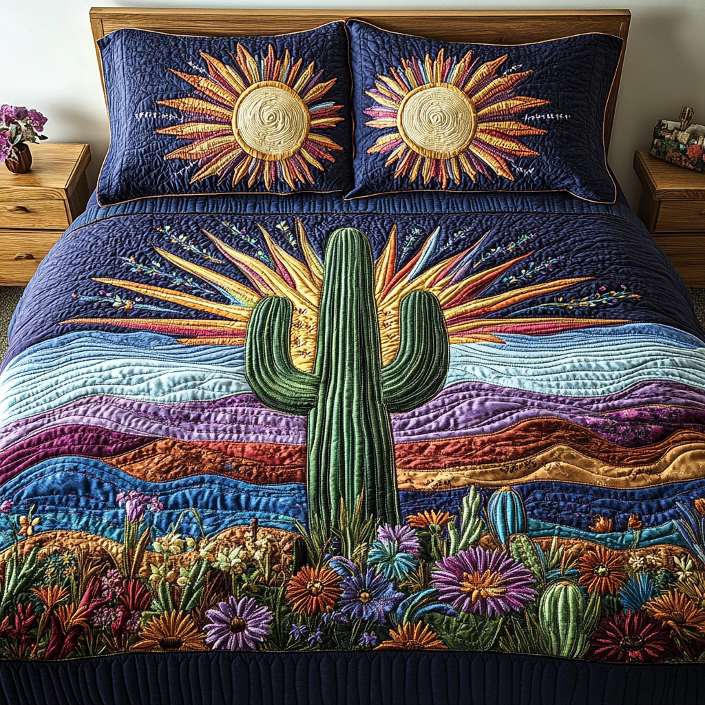 Rustic Retreat Cactus quilted 3-piece bedding set on a made bed with two matching pillow shams