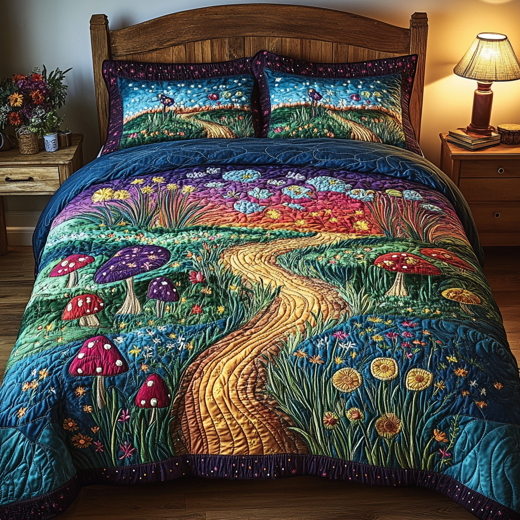 Rustic Road quilted 3-piece bedding set on a made bed with two matching pillow shams